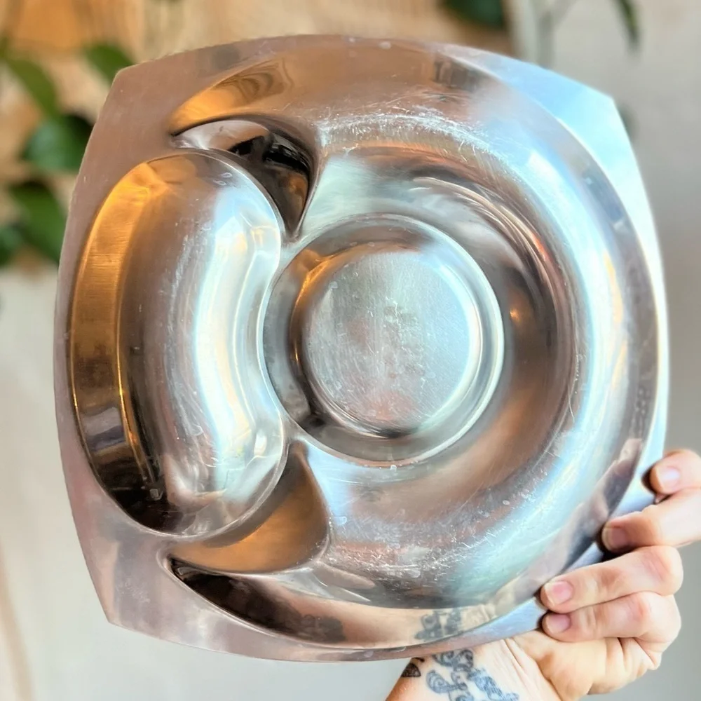 Mid Century Modern 10” Aluminum Divided Serving Bowl – Sculptural Space Age Dish